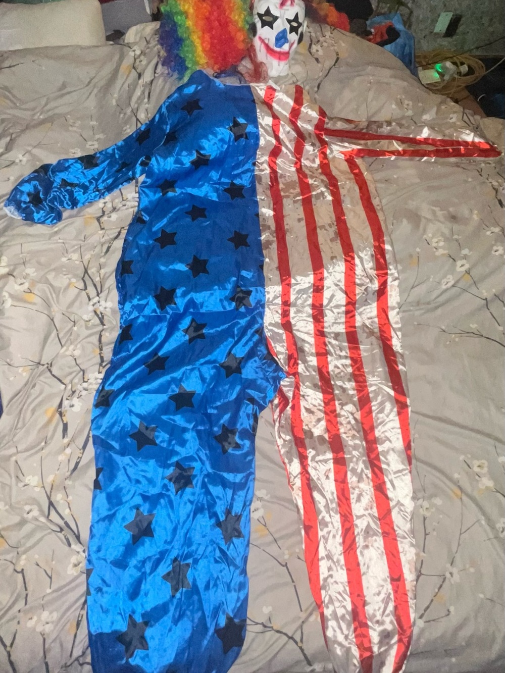 Adult- Unisex- American Flag Clown Costume with Mask & Rainbow Curl Wig